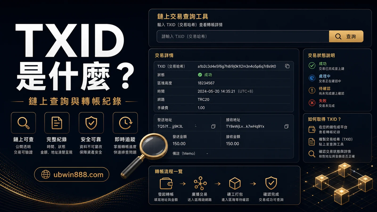 UBWIN888 TXID 鏈上查詢教學圖，整理交易紀錄、轉帳查詢與客服核對重點。